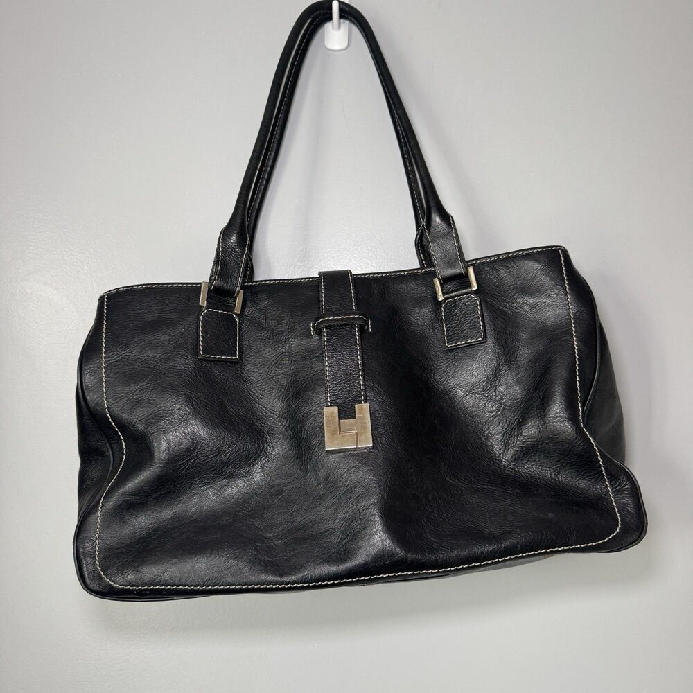 Vintage Lambertson Truex purse in black leather with silver hardware Med Size
